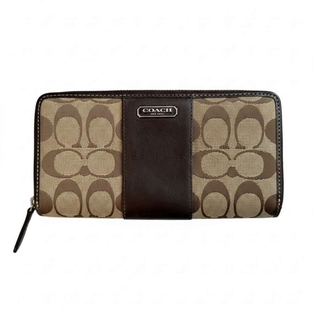 Coach Signature Brown and Tan Zip Wallet